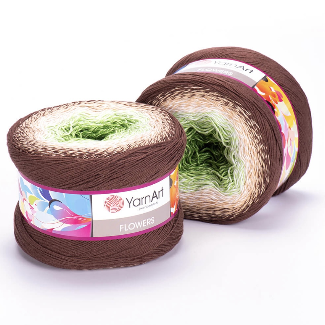 Пряжа Flowers 272 зелёный/крем/коричневый Yarnart 