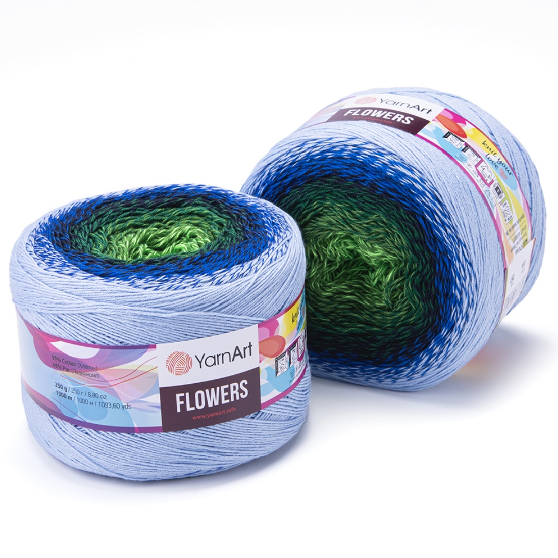 Пряжа Flowers 306 зелёный/синий/светло-голубой Yarnart 