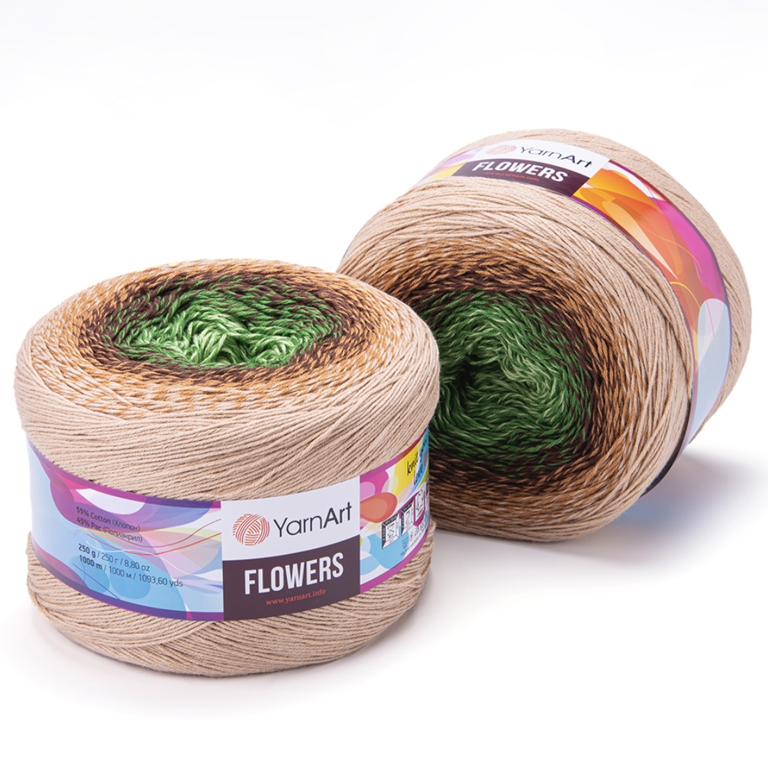 Пряжа Flowers 308 зелёный/коричневый/песочный/латте Yarnart 