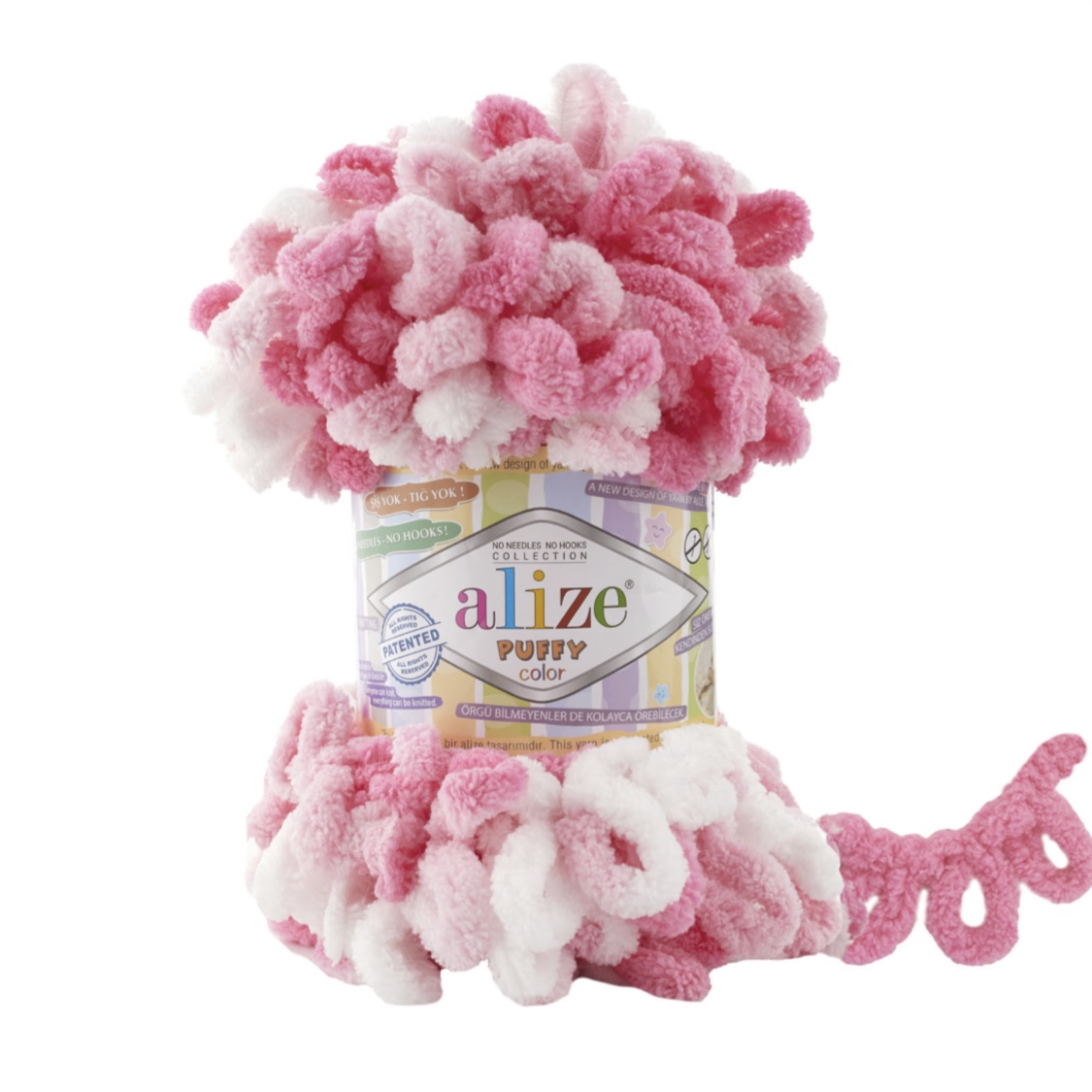 Пряжа Puffy Color 6383 Бел-яр.роз-св.роз Alize 