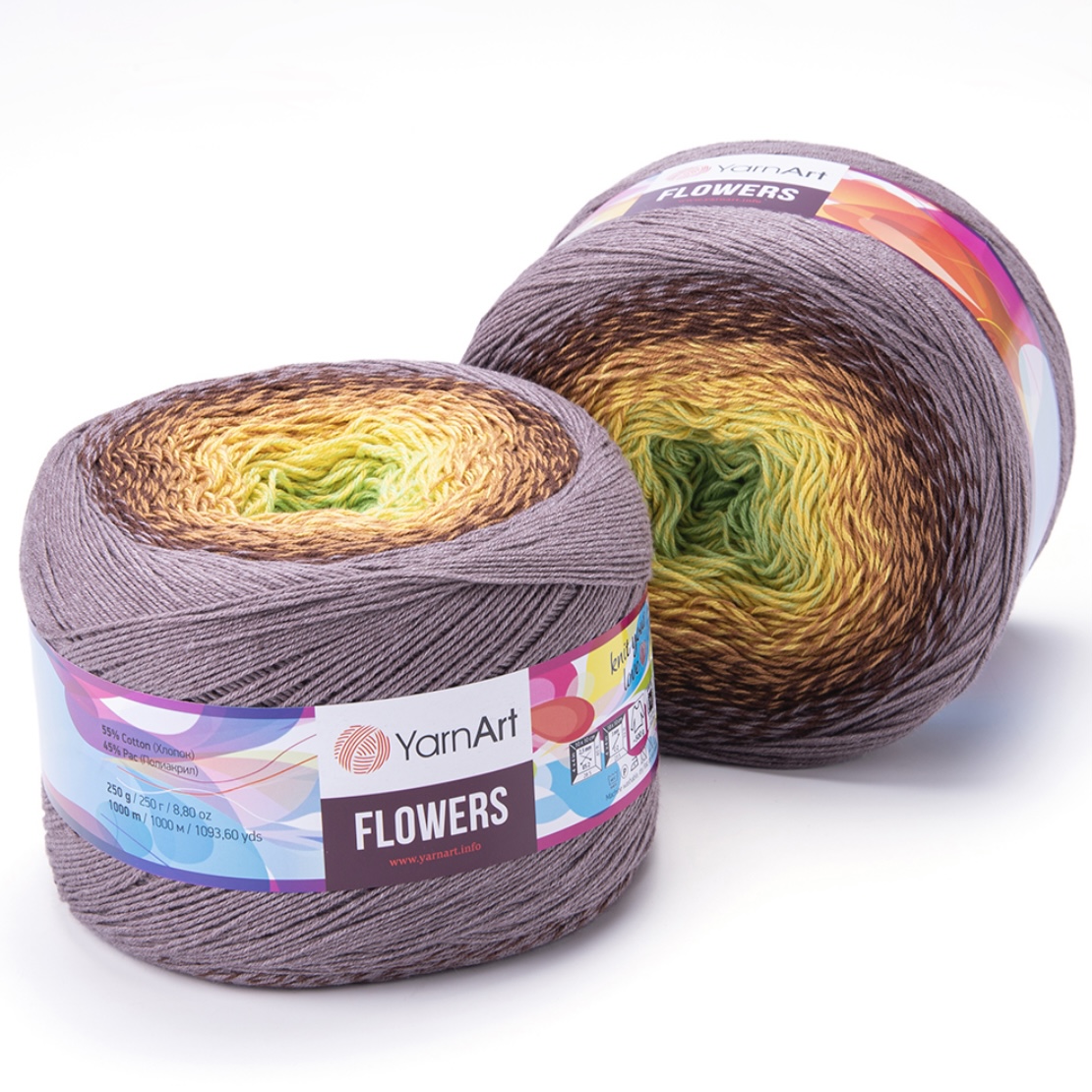 Пряжа Flowers 317 зелёное яблоко/жёлтый/шоколад/серая роза Yarnart 