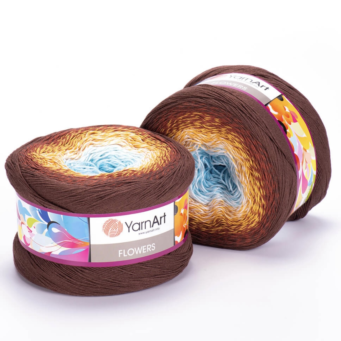 Пряжа Flowers 296 голубой/горчица/коричневый Yarnart 