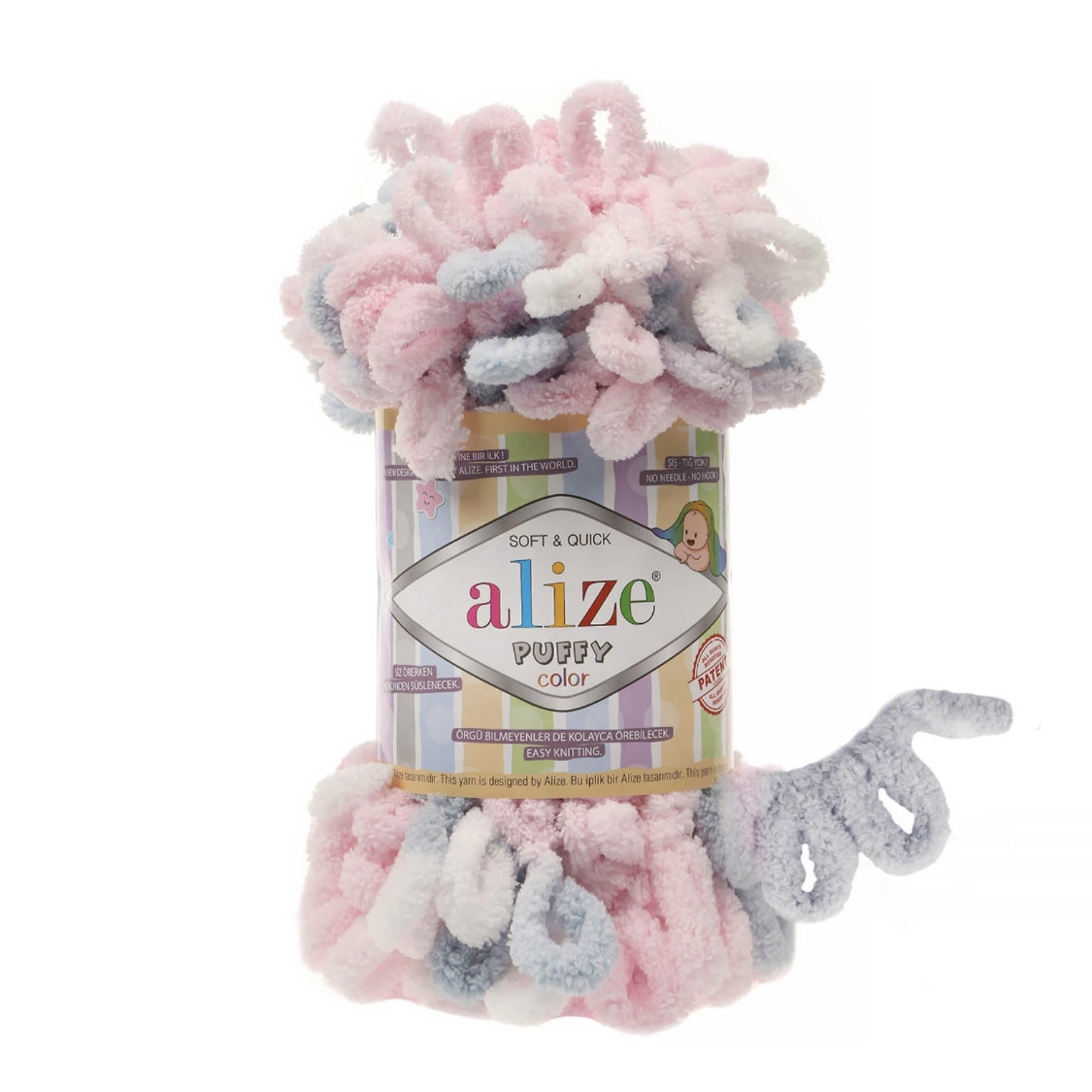 Пряжа Puffy Color 5864 Белый-розовый-серый Alize 