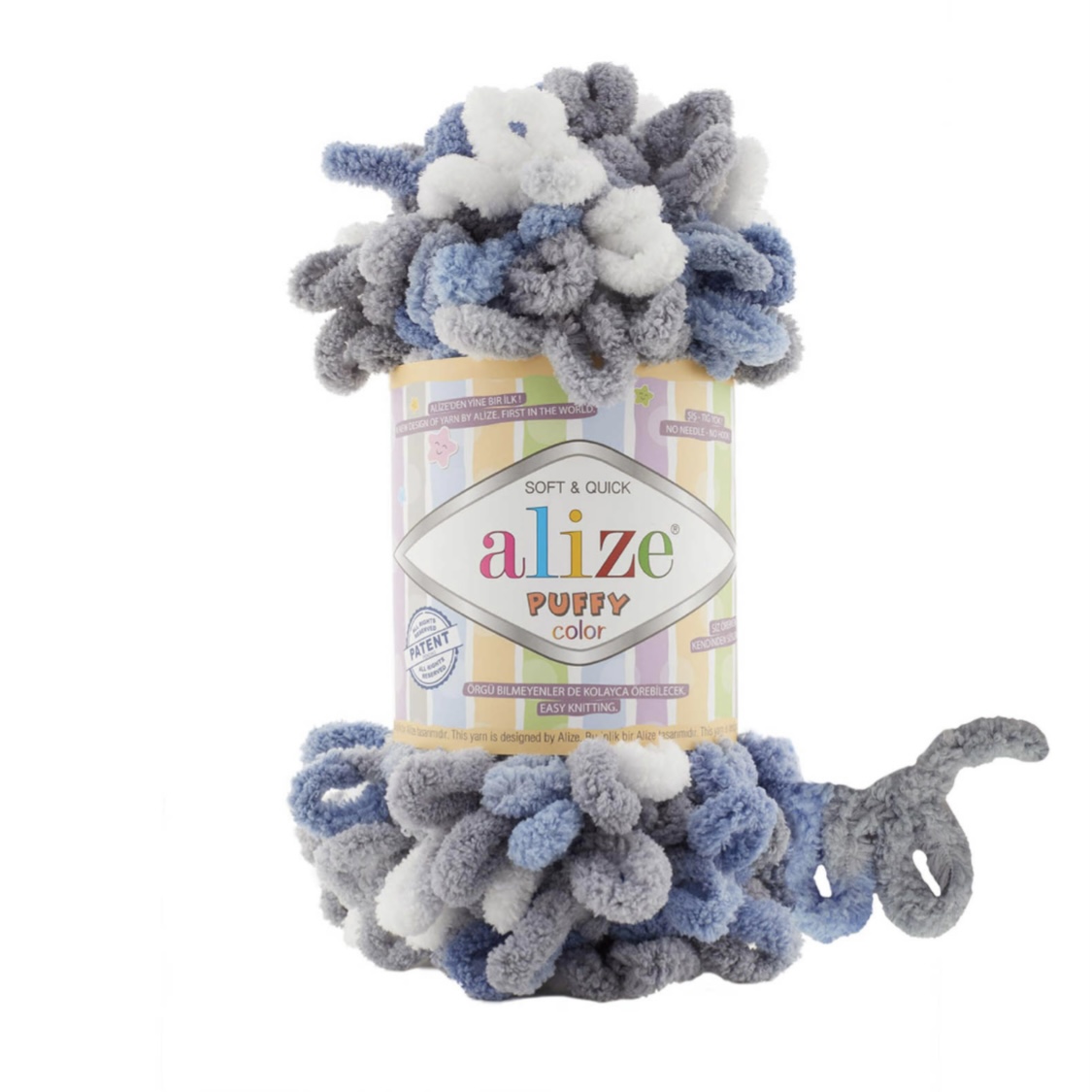 Пряжа Puffy Color 6075 Серый-белый-джинс Alize 