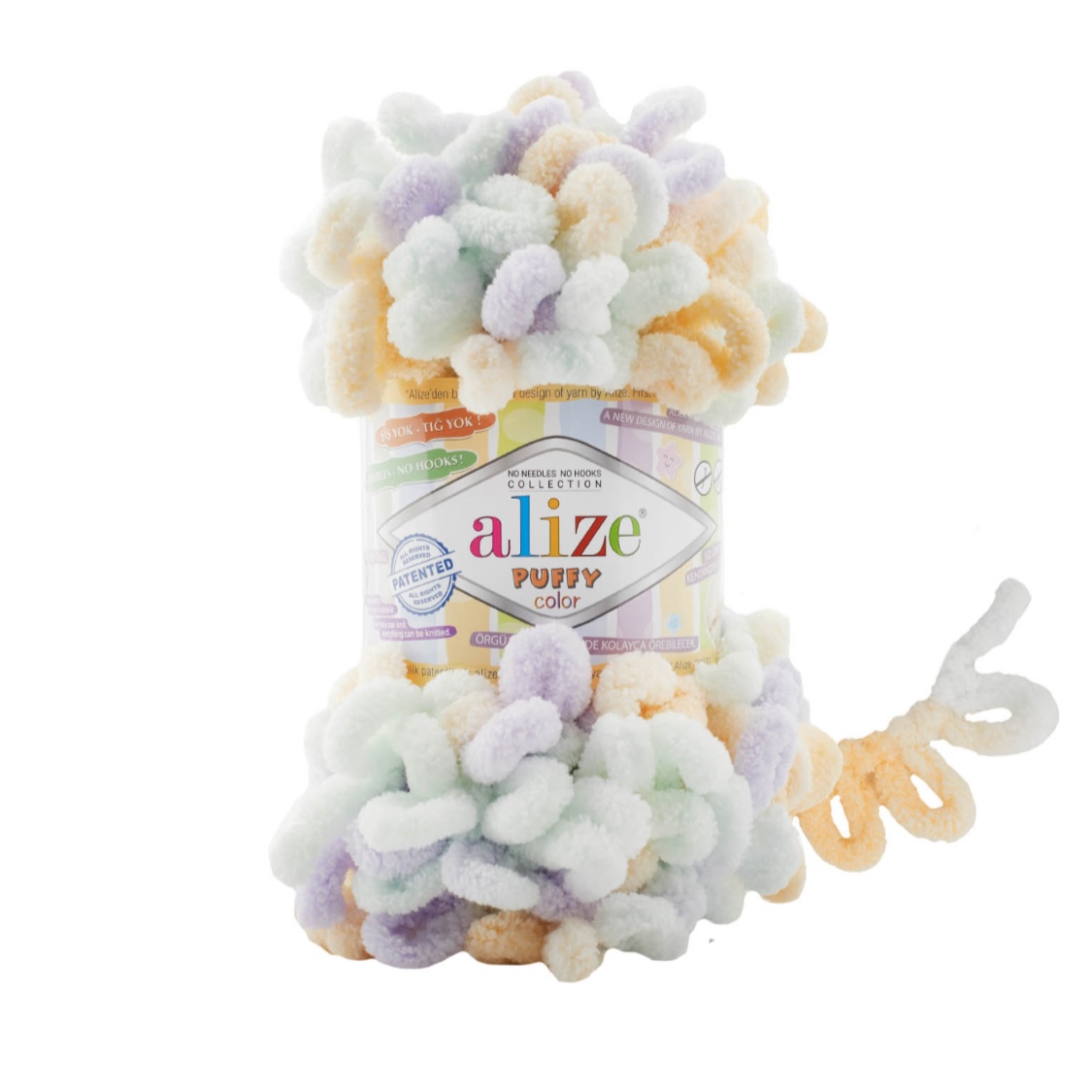 Пряжа Puffy Color 6462 Белый / светлая мята / светло- сиреневый / абрикос Alize 