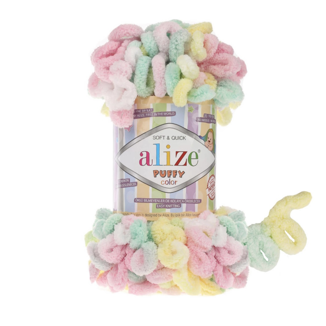 Пряжа Puffy Color 5862 Мята-розовый-желтый-белый Alize 