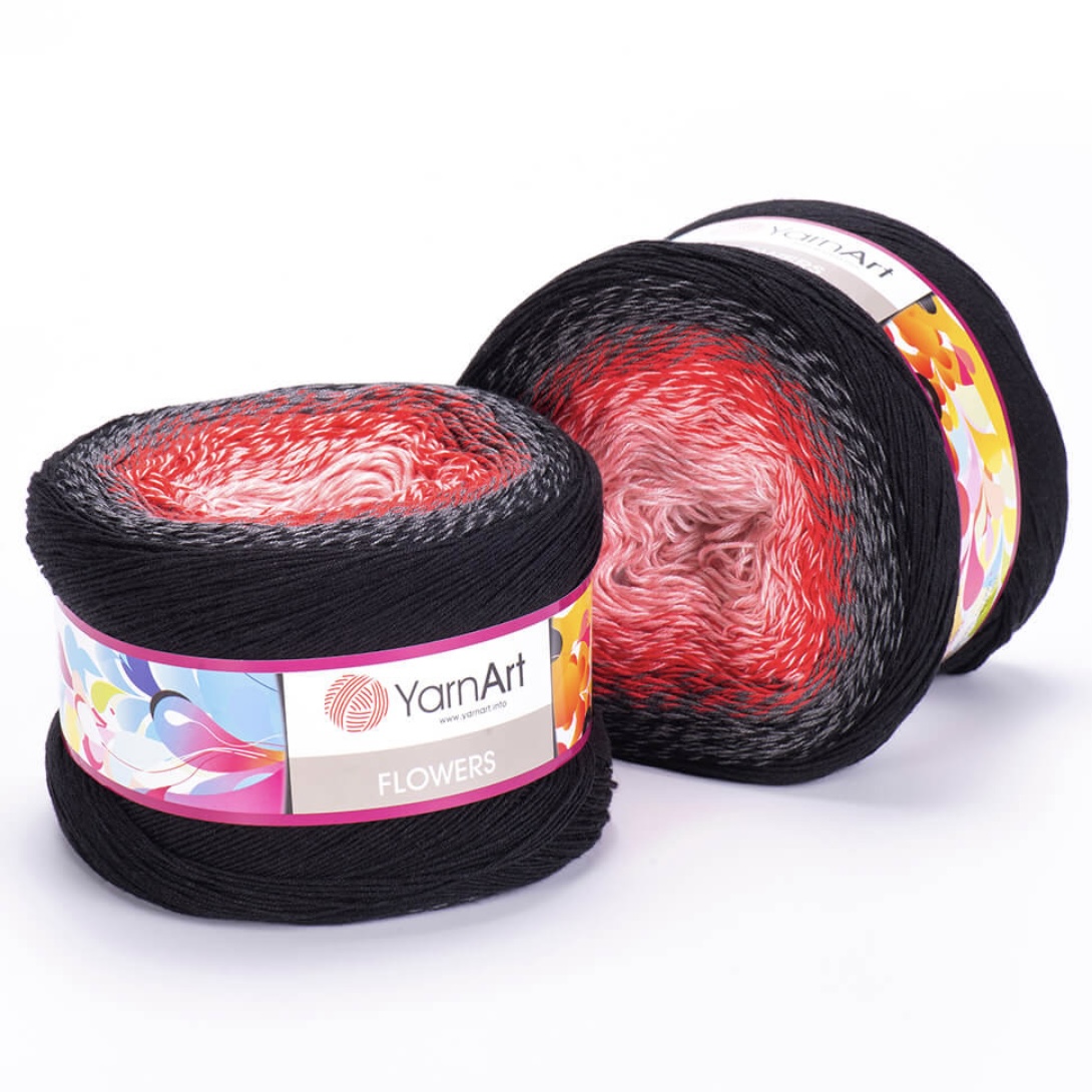 Пряжа Flowers 282 чёрный/алый/св. коралл Yarnart 