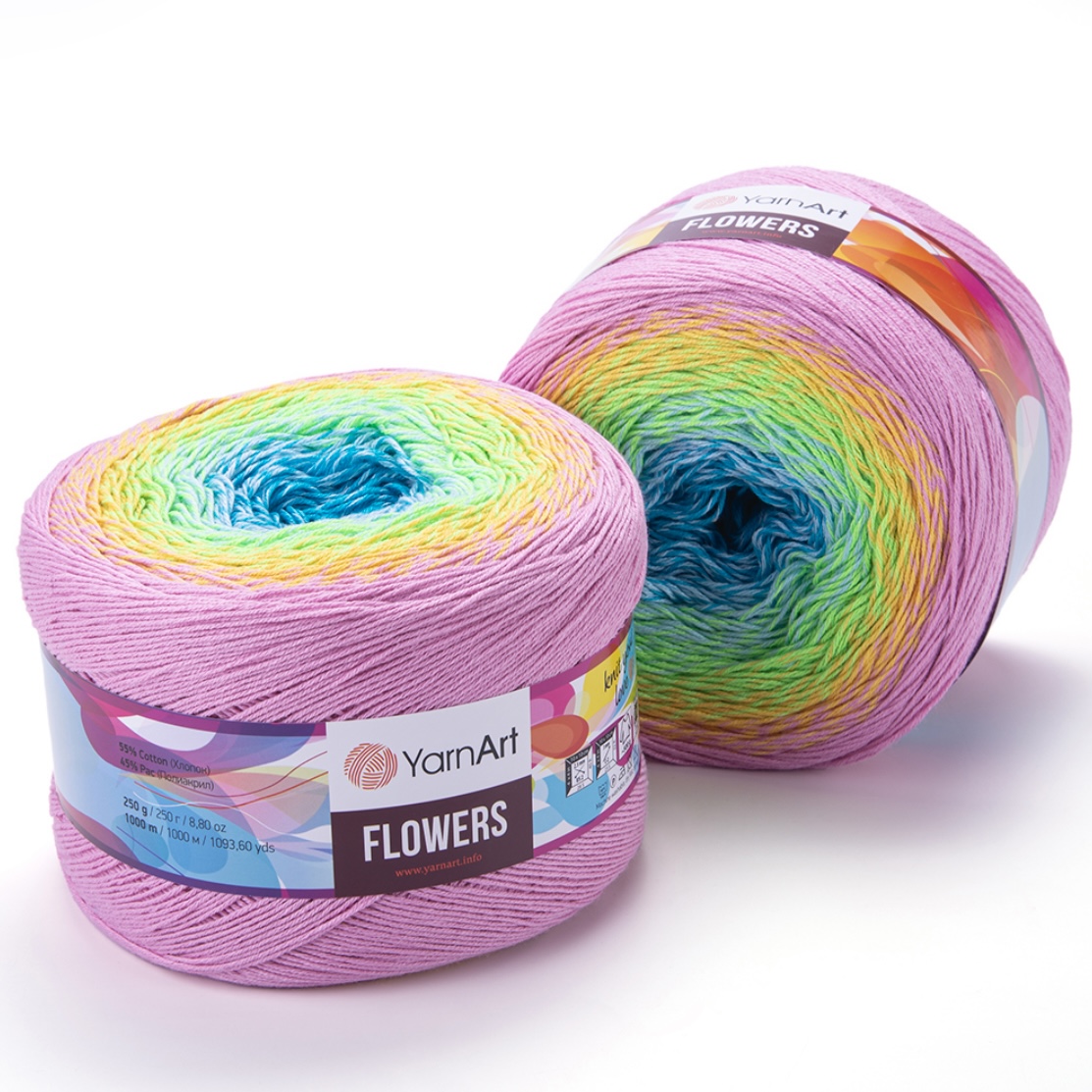 Пряжа Flowers 312 голубой/св. салатовый/жёлтый/сиренево-розовый Yarnart 