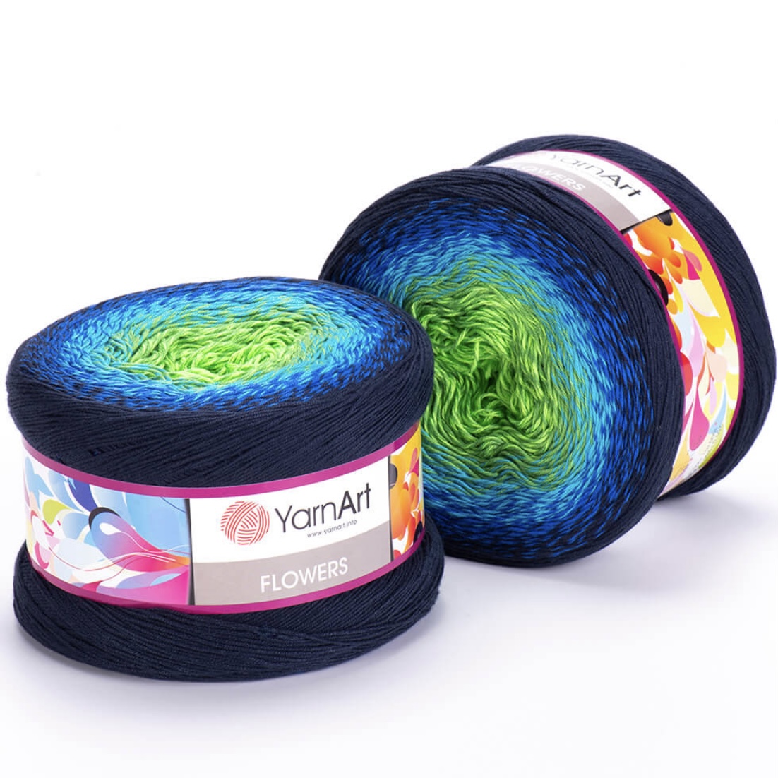 Пряжа Flowers 300 салат/лазурный/тёмный синий Yarnart 