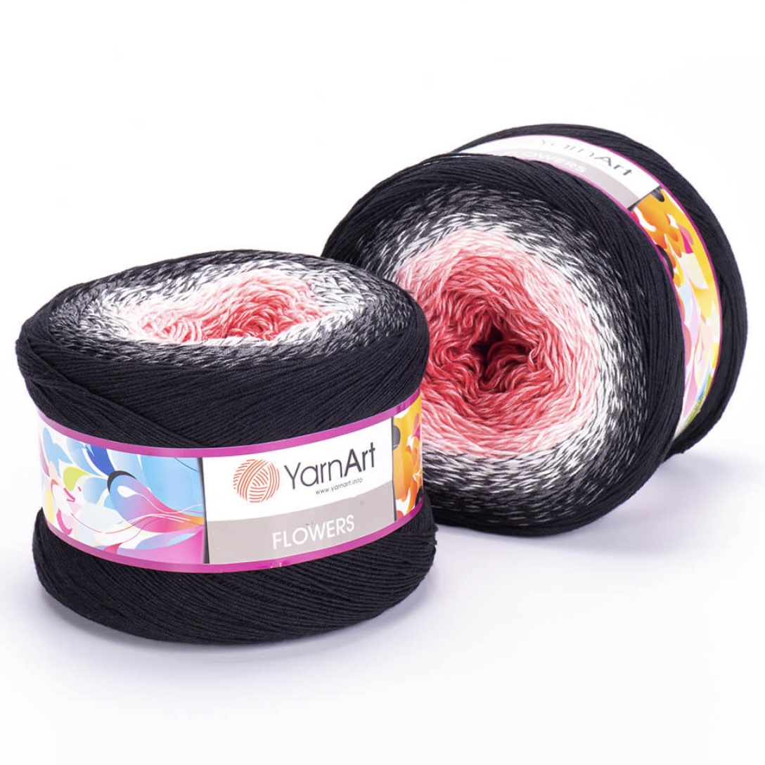 Пряжа Flowers 260 черный/белый/коралл Yarnart 