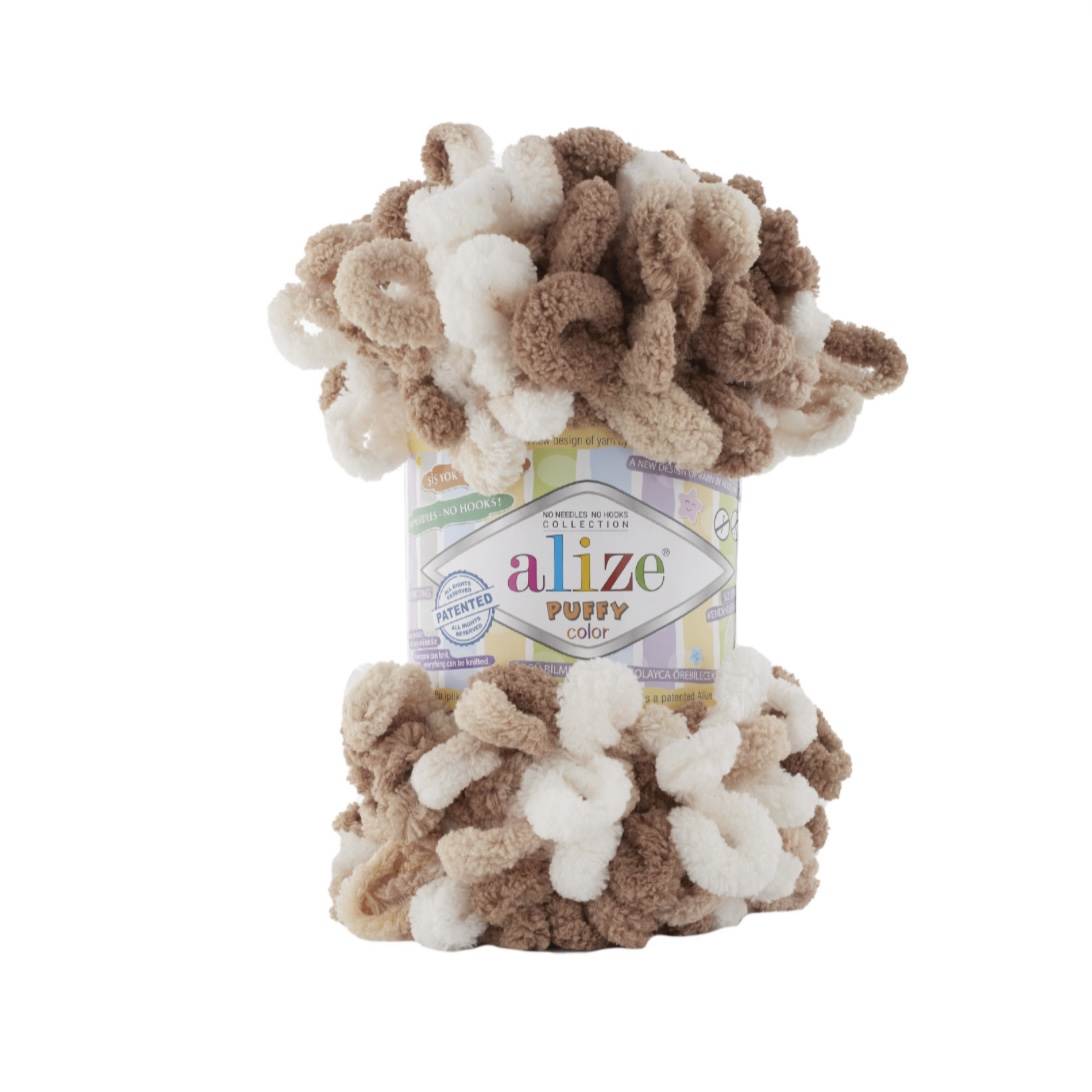 Пряжа Puffy Color 6398 Коричневый-бежевый-белый Alize 