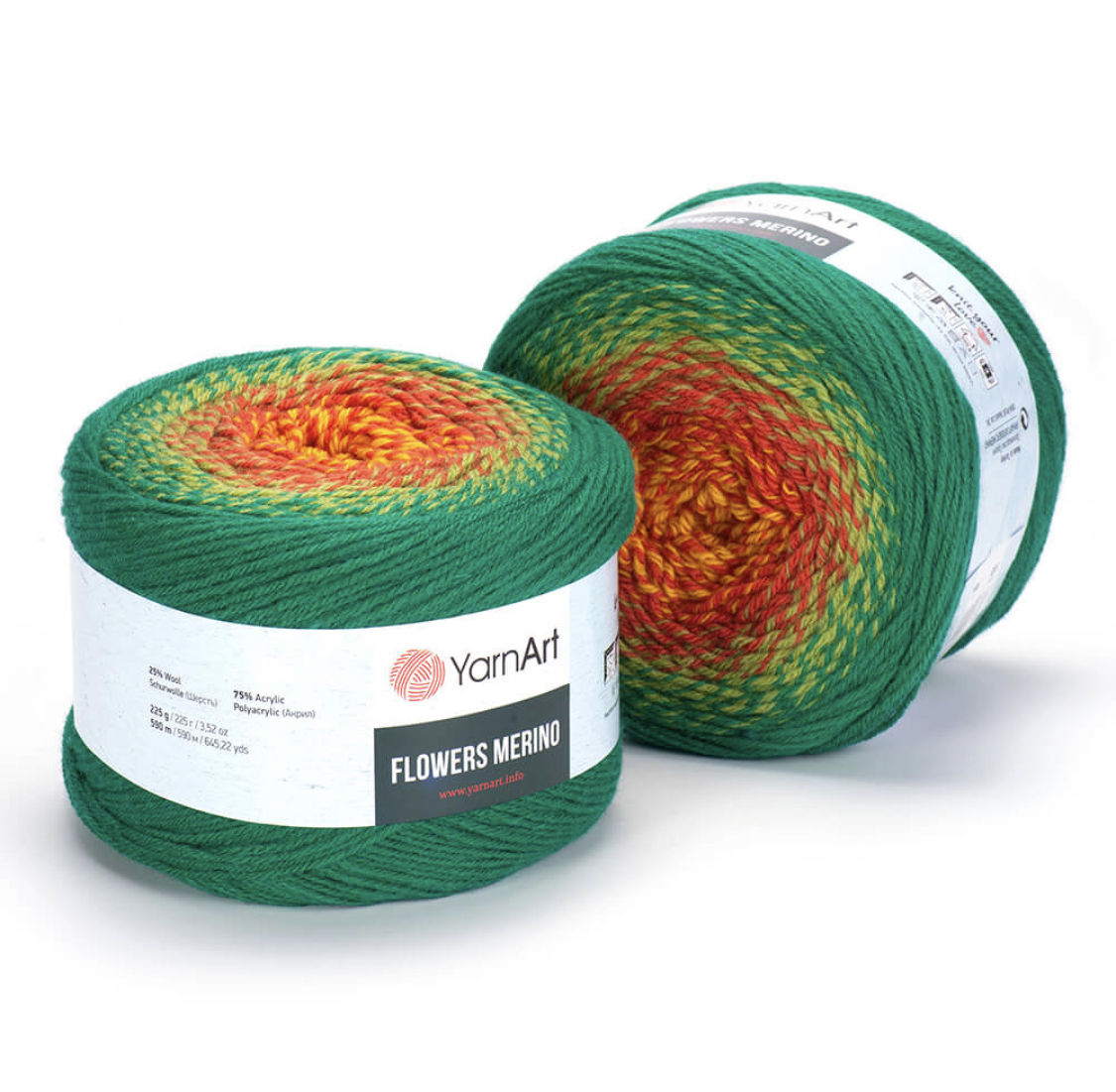 Пряжа Flowers Merino 533 зеленый/салатовый/оранжевый Yarnart 