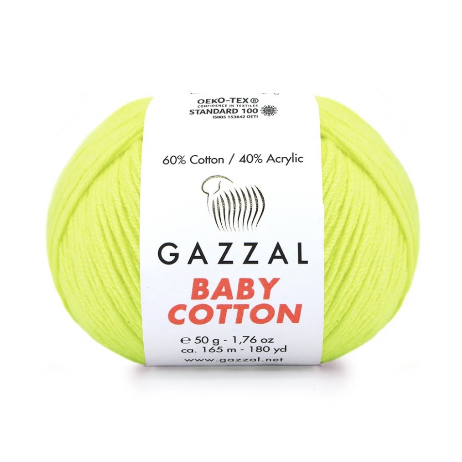 Пряжа Baby cotton 3462 Желтый неон Gazzal 