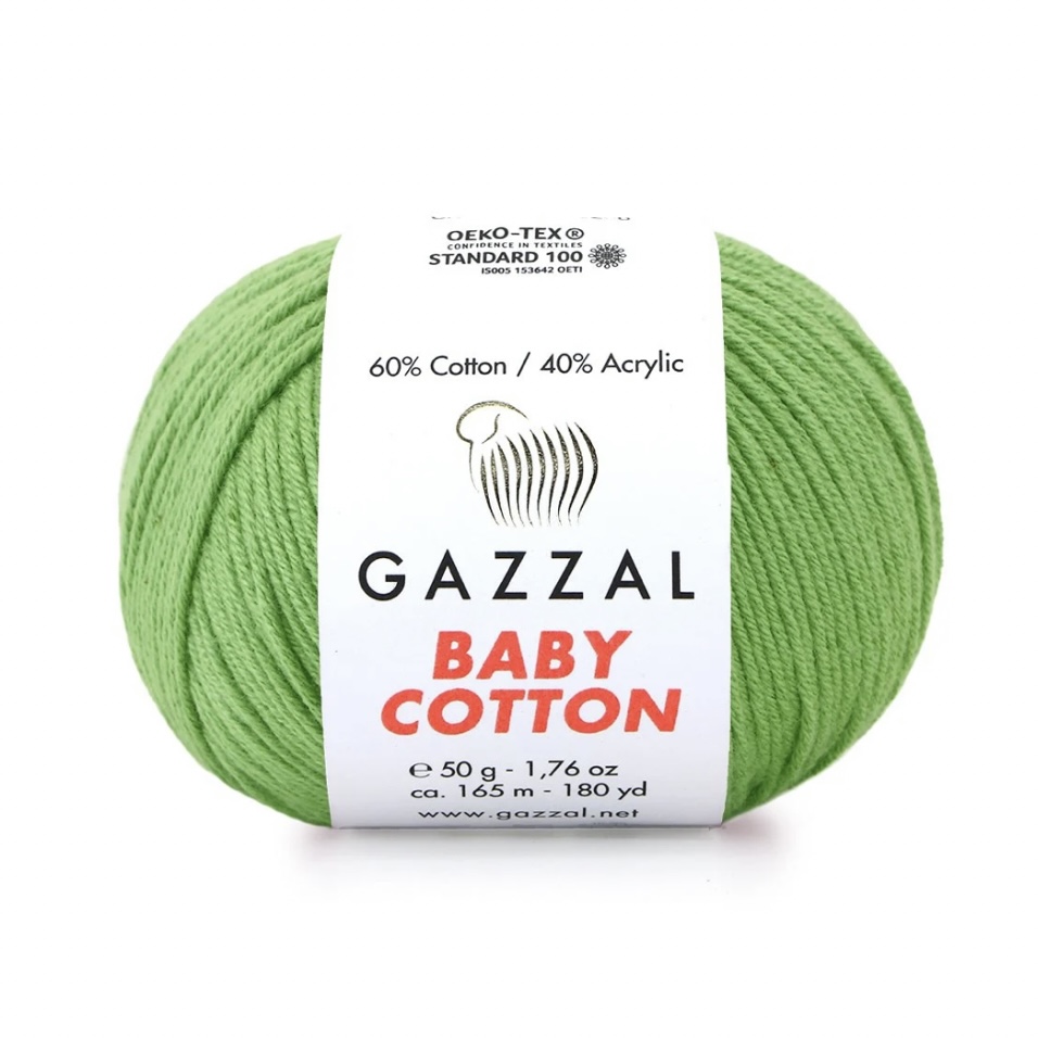 Пряжа Baby cotton 3448 Зеленое яблоко Gazzal 